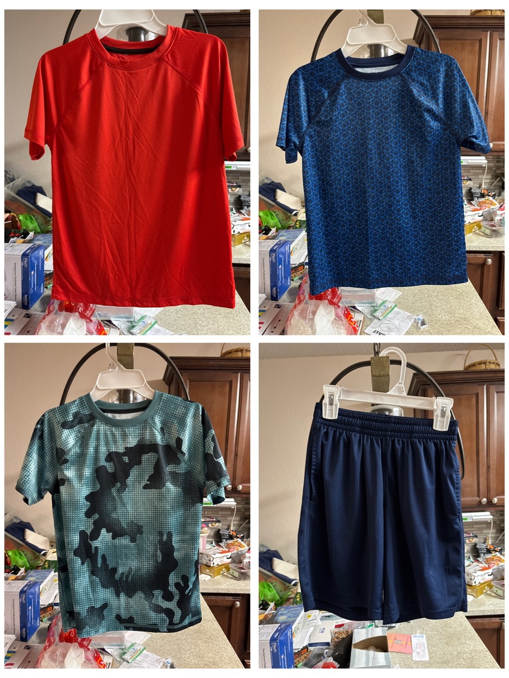 tek gear assorted Dry Tek Active Shirts with one pair of shorts.
